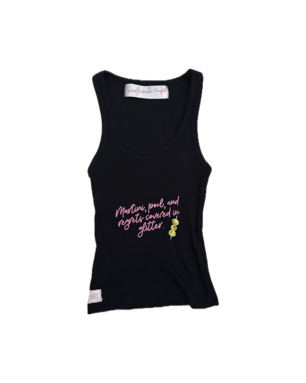 "Martini, pool, and regrets covered in glitter."