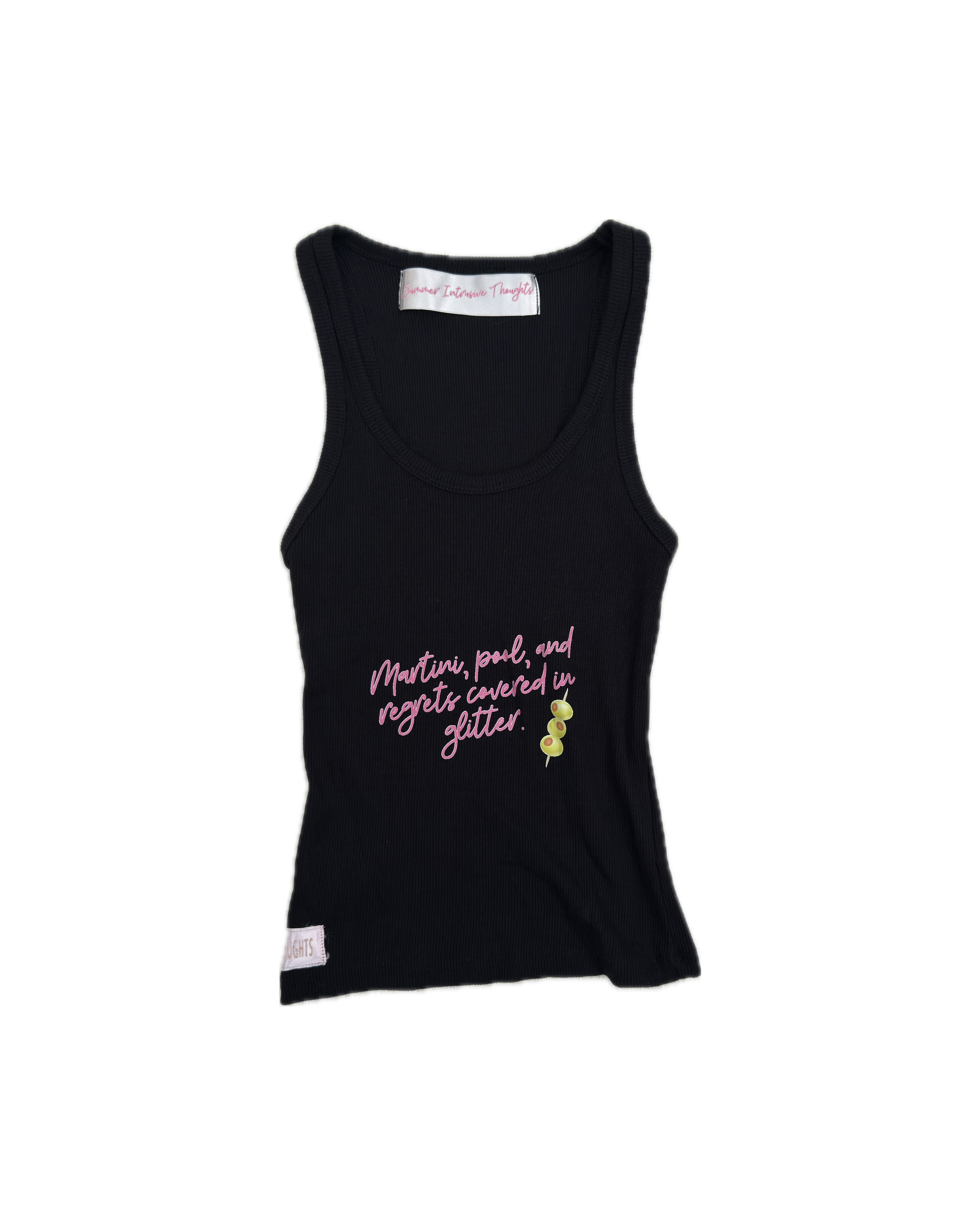 "Martini, pool, and regrets covered in glitter."