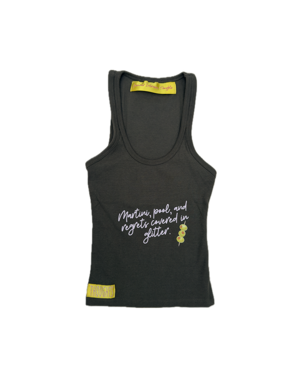 "Martini, pool, and regrets covered in glitter."