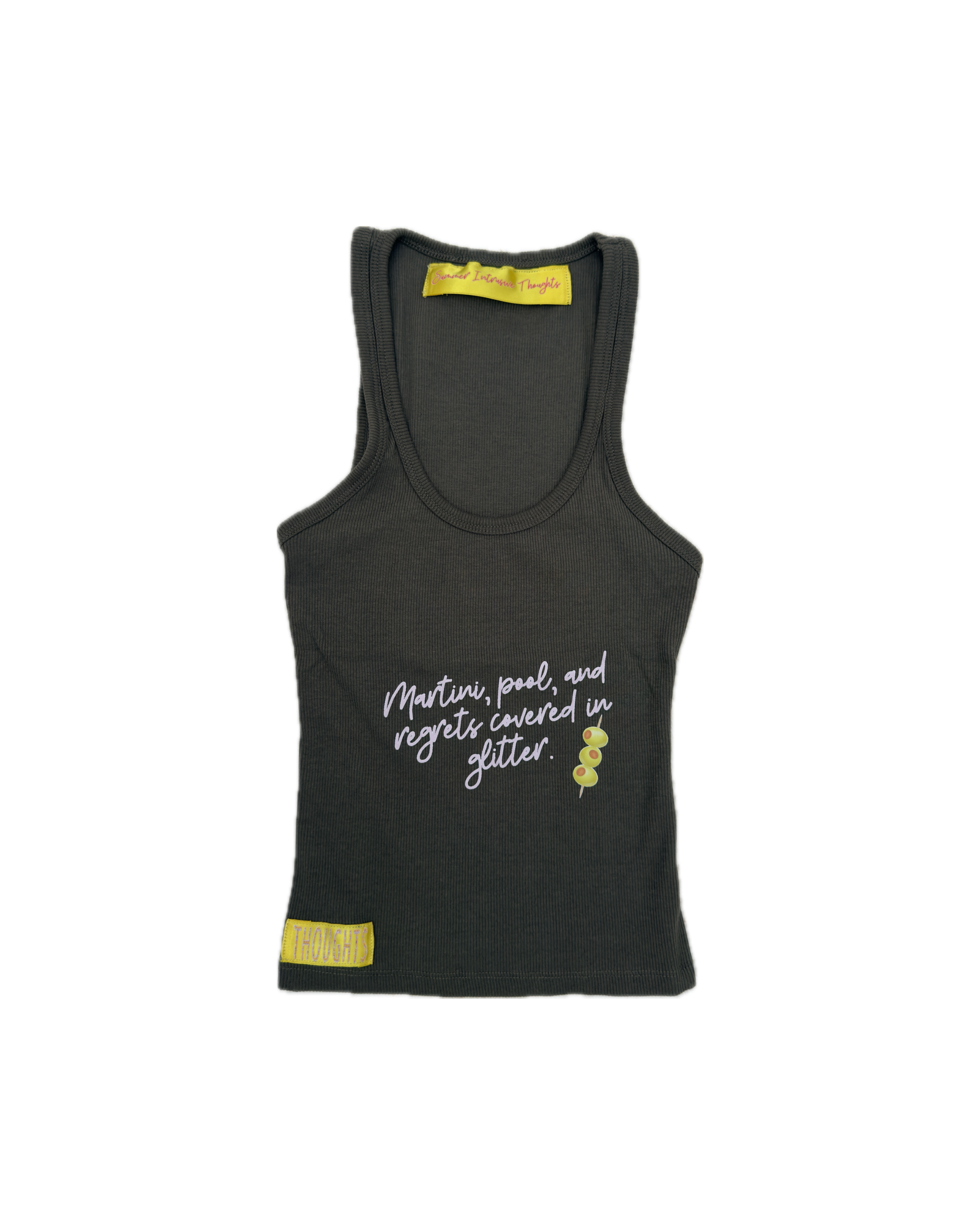 "Martini, pool, and regrets covered in glitter."